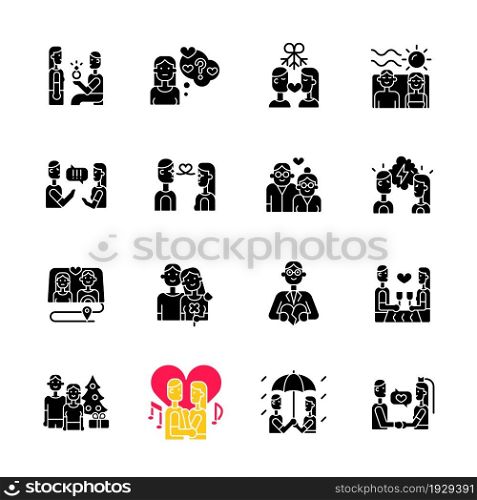 Romance black glyph icons set on white space. Romantic love. Partners spending time together. Couple quality time. Happy relationship. Silhouette symbols. Vector isolated illustration. Romance black glyph icons set on white space