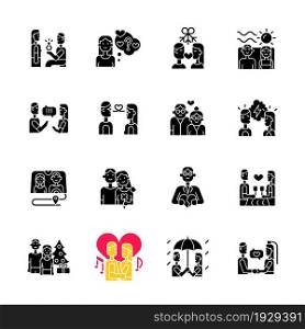 Romance black glyph icons set on white space. Romantic love. Partners spending time together. Couple quality time. Happy relationship. Silhouette symbols. Vector isolated illustration. Romance black glyph icons set on white space