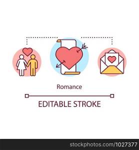 Romance books concept icon. Romantic literature idea thin line illustration. Heartbreaking love stories and novels. Passion & love affairs. Vector isolated outline drawing. Editable stroke