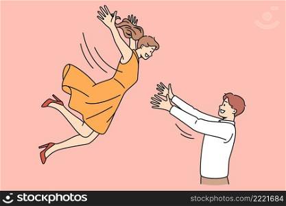 Romance dating and happiness concept. Smiling man boyfriend husband standing and catching falling down to his arms woman girlfriend wife vector illustration . Romance dating and happiness concept