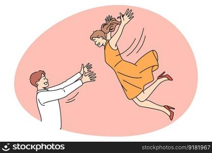 Romance dating and happiness concept. Smiling man boyfriend husband standing and catching falling down to his arms woman girlfriend wife vector illustration. Romance dating and happiness concept