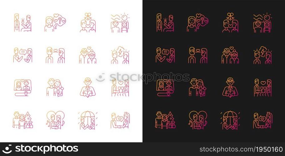 Romance gradient icons set for dark and light mode. Romantic partners spending time together. Thin line contour symbols bundle. Isolated vector outline illustrations collection on black and white. Romance gradient icons set for dark and light mode