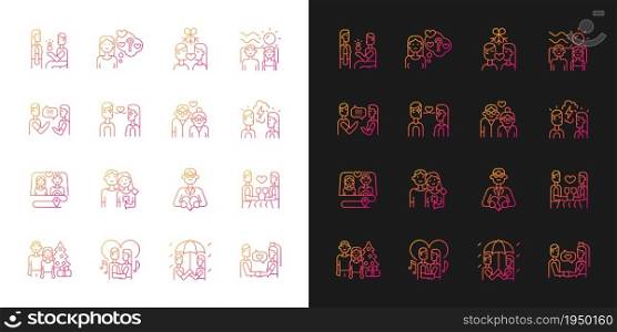 Romance gradient icons set for dark and light mode. Romantic partners spending time together. Thin line contour symbols bundle. Isolated vector outline illustrations collection on black and white. Romance gradient icons set for dark and light mode