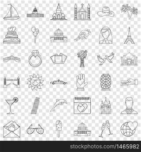 Romance icons set. Outline style of 36 romance vector icons for web for any design. Romance icons set, outline style