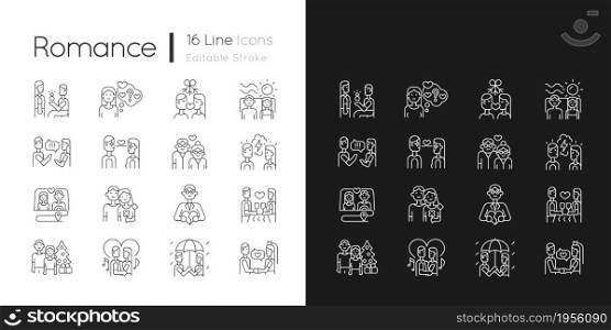 Romance linear icons set for dark and light mode. Romantic love. Partners spending time together. Customizable thin line symbols. Isolated vector outline illustrations. Editable stroke. Romance linear icons set for dark and light mode