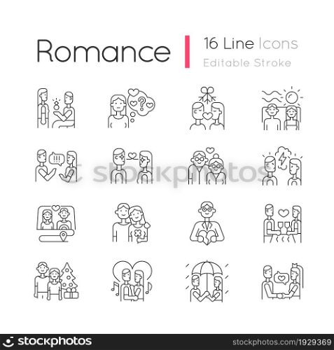 Romance linear icons set. Romantic love. Partners spending time together. Couple quality time. Customizable thin line contour symbols. Isolated vector outline illustrations. Editable stroke. Romance linear icons set