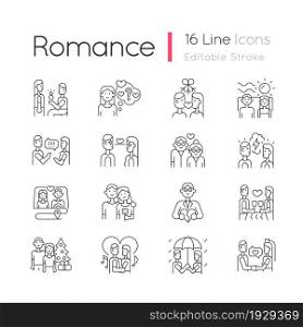 Romance linear icons set. Romantic love. Partners spending time together. Couple quality time. Customizable thin line contour symbols. Isolated vector outline illustrations. Editable stroke. Romance linear icons set
