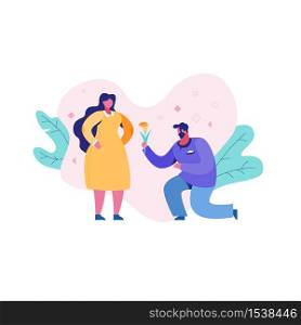 Romance of a man and a woman in a caricature style. Cartoon couple, a man gives flowers to a woman outdoors.. Romance of a man and a woman in a caricature style.