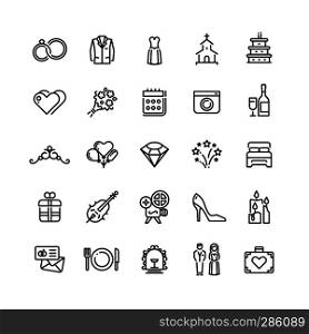 Romance wedding celebration and love in marriage vector line icons. Wedding and marriage linear icons set illustration. Romance wedding celebration and love in marriage vector line icons