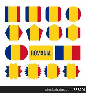 Romania Flag Collection Figure Icons Set Vector. National Symbol Of Eastern European Country Romania Tricolor With Vertical Blue, Yellow And Red Stripes Color. Flat Cartoon Illustration. Romania Flag Collection Figure Icons Set Vector