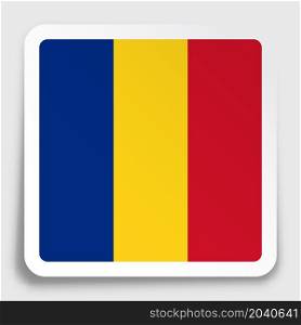 ROMANIA flag icon on paper square sticker with shadow. Button for mobile application or web. Vector