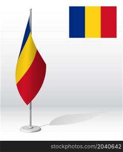 ROMANIA flag on flagpole for registration of solemn event, meeting foreign guests. National independence day of ROMANIA. Realistic 3D vector on white