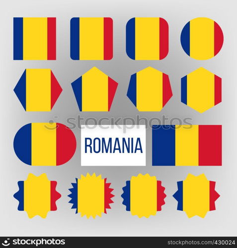 Romania Flag Set Vector. Official Romania Flag Flat Symbol. Shapes. Illustration. Romania Flag Set Vector. Official Romania Flag Flat Symbol. Different Shapes. Illustration
