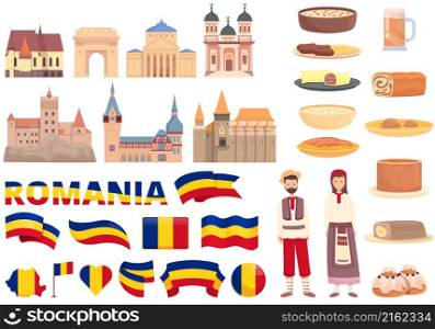 Romania icons set cartoon vector. Food map. Dracula castle. Romania icons set cartoon vector. Food map