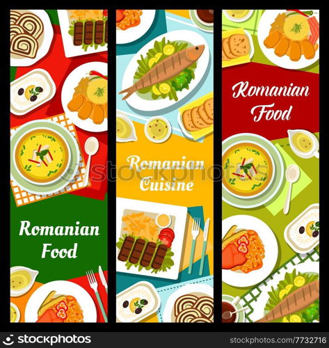 Romanian cuisine dishes banners. Walnut rolls Cozonac, stuffed cabbage rolls and soup Ciorba, grilled trout Pastrav la gratar, grilled beef Pljeskavica and bean stew, cheese pepper spread Korozott. Romanian food restaurant meals vertical banners