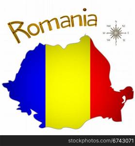 romanian map and wind rose over white background; abstract vector art illustration