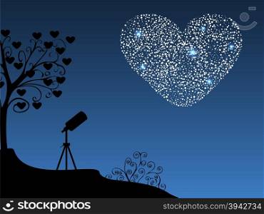 Romantic background telescope and heart. Wedding or Valentines day. The silhouette of the diamond heart in the night sky.. Romantic background telescope and heart