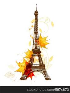 Romantic background with autumn leaves and Eiffel Tower