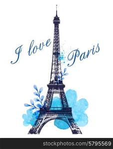 Romantic background with blue watercolor flowers and Eiffel Tower