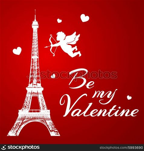 Romantic background with Eiffel Tower and cupid for Valentine&rsquo;s day