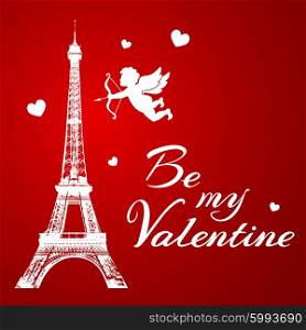 Romantic background with Eiffel Tower and cupid for Valentine&rsquo;s day