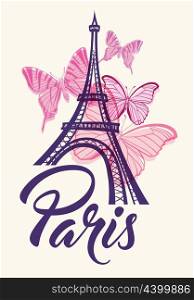 Romantic background with Eiffel Tower and pink butterflies. Vector illustration.