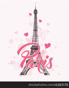 Romantic background with Eiffel Tower, hearts and pink butterflies. Vector illustration.