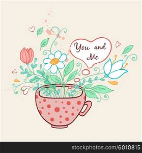 Romantic background with pink cup of coffee and flowers