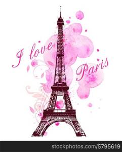Romantic background with pink watercolor blots and Eiffel Tower