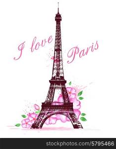 Romantic background with pink watercolor flowers and Eiffel Tower