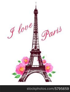 Romantic background with red watercolor roses and Eiffel Tower