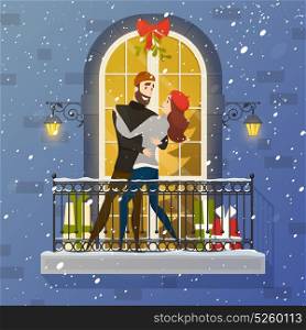Romantic Balcony Scene Flat Illustration Poster. Romantic christmas night fairy tale balcony love scene with fir tree behind oval muntin window vector illustration