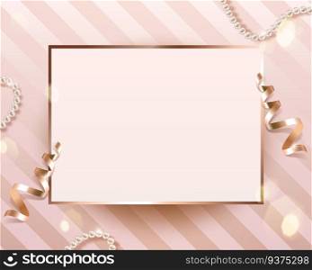 Romantic blank card template with golden streamer and stripe background in 3d illustration. Romantic blank card template