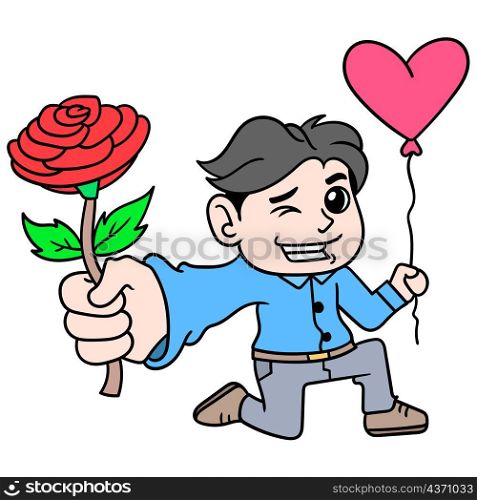 romantic boy celebrating valentine carrying a heart balloon and a rose