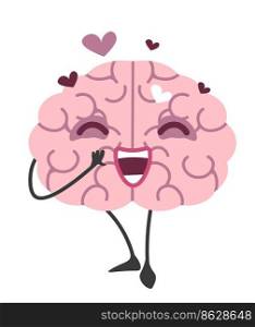 Romantic brain character, isolated funny personage with smile on face and hearts all over. Mind personage in love, expressing devotion and deep feelings. Humanized emoticon. Vector in flat style. Brain character in love, happy mind personage