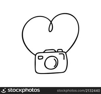 Romantic calligraphy monoline vector Heart with photo camera love sign. Hand drawn icon of valentine day. Concepn symbol for t-shirt, greeting card, poster wedding. Design flat element illustration.. Romantic calligraphy monoline vector Heart with photo camera love sign. Hand drawn icon of valentine day. Concepn symbol for t-shirt, greeting card, poster wedding. Design flat element illustration