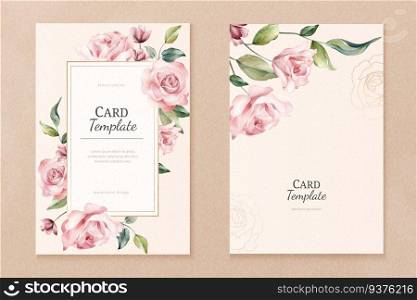 Romantic card template with watercolor roses frame. Watercolor roses card design