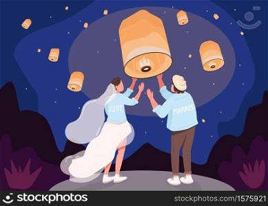 Romantic celebration with lanterns flat color vector illustration. Night sky for paper light to float. Traditional oriental wedding. Indian couple 2D cartoon characters with nightscape on background. Romantic celebration with lanterns flat color vector illustration