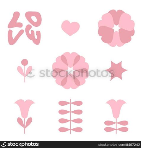 Romantic collection with tulip flowers, hearts, leaves and text LOVE. Perfect for tee, stickers, poster, stationery. Hand drawn isolated vector illustration for decor and design.
