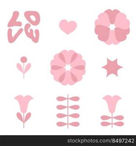 Romantic collection with tulip flowers, hearts, leaves and text LOVE. Perfect for tee, stickers, poster, stationery. Hand drawn isolated vector illustration for decor and design.