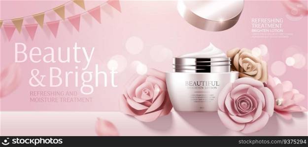Romantic cosmetic cream banner ads with paper roses on bokeh pink background in 3d illustration. Romantic cosmetic cream banner