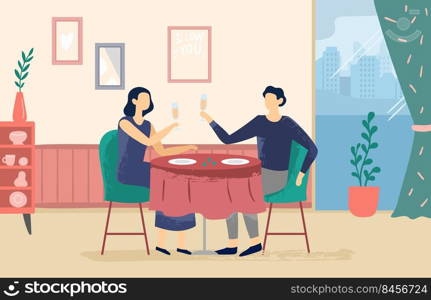 Romantic couple at restaurant. Female and male characters sitting at table and drinking ch&agne in cafe. Man and woman having date or celebrating anniversary, valentine holiday vector. Romantic couple at restaurant. Female and male characters sitting at table and drinking ch&agne in cafe