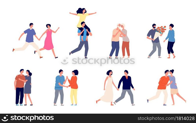 Romantic couple characters. Happy couples, romance adult hugging in love. Smiling people walking, isolated woman man partners vector set. Hugging adorable people illustration, romance, young and happy. Romantic couple characters. Happy couples, romance adult hugging in love. Smiling people walking, isolated woman man partners vector set