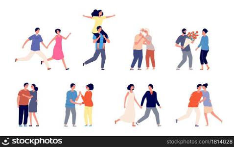 Romantic couple characters. Happy couples, romance adult hugging in love. Smiling people walking, isolated woman man partners vector set. Hugging adorable people illustration, romance, young and happy. Romantic couple characters. Happy couples, romance adult hugging in love. Smiling people walking, isolated woman man partners vector set