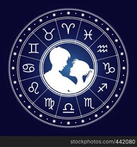 Romantic couple in astrologian circle - man and woman and horoscope circle. Vector illustration. Couple man and woman and horoscope