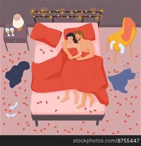 Romantic couple in bed. Man hug woman sleep after sex, adult sexual relationship, cute intimate love bedroom blanket, romance passion relation yong married, vector illustration. Couple romantic people. Romantic couple in bed. Man hug woman sleep after sex, adult sexual relationship, cute intimate love bedroom blanket, romance passion relation yong married, swanky vector illustration