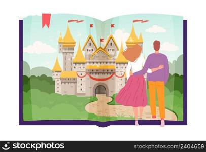 Romantic couple in love. Man hold woman and go into fairy tale book. Magic relationship, girly dreams about prince vector concept. Woman and man love going to fairy illustration. Romantic couple in love. Man hold woman and go into fairy tale book. Magic relationship, girly dreams about prince vector concept