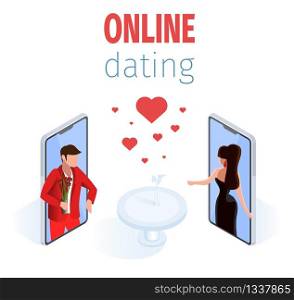 Romantic Couple on Mobile Phone Screen near Restaurant Table Vector Isometric Illustration. Man Woman Find Love Online Dating Flirting Meeting Communication Internet Service Application. Romantic Couple on Phone Screen Restaurant Table
