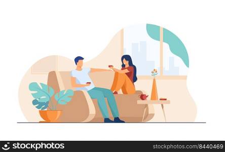 Romantic couple sitting at sofa, talking and drinking coffee flat vector illustration. Man and woman living together in apartment Romance and love concept.
