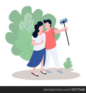 Romantic couple taking selfie flat color vector faceless characters. Tourists, vloggers streaming live from city park isolated cartoon illustration for web graphic design and animation